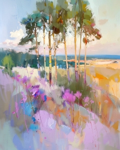 Copaci pe camp cu flori mov