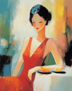 Femeie in rochie rosie la cafenea