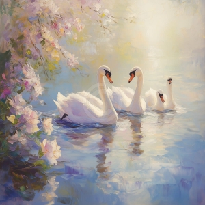 Familie de lebede pe lac