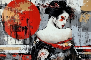 Femeie asiatica cu kimono negru si cerc rosu